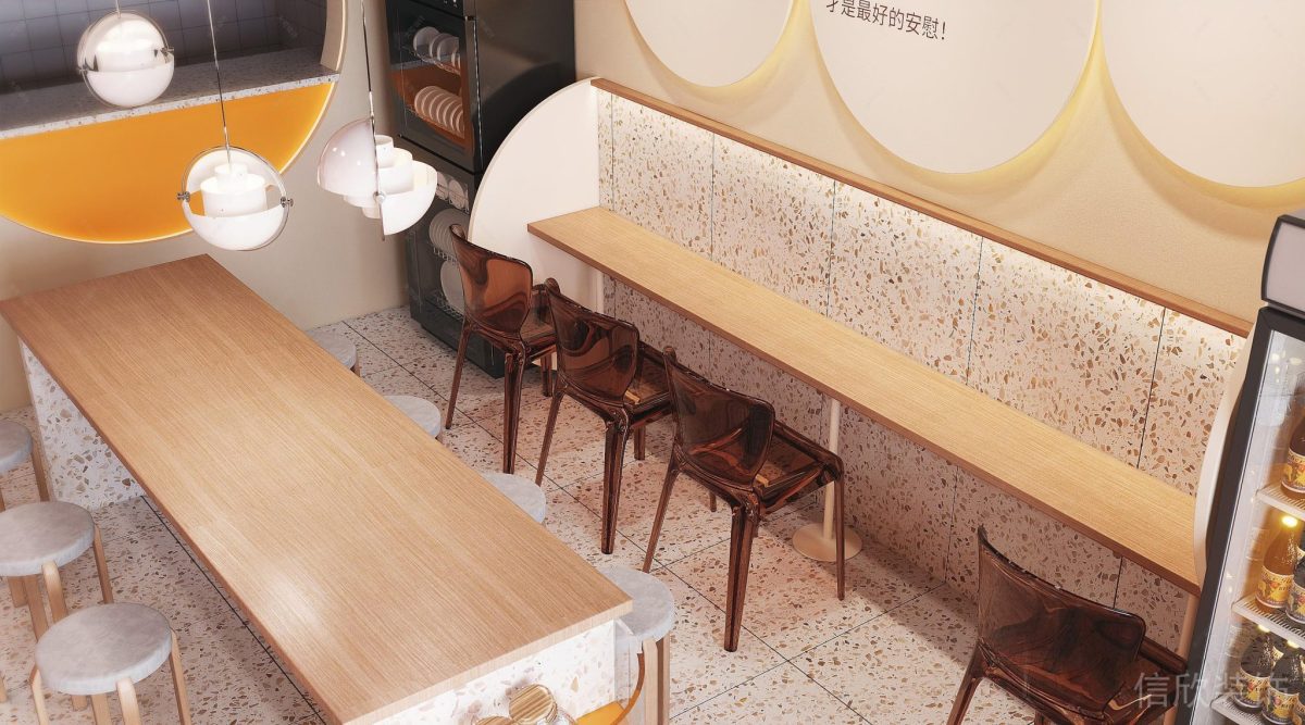 深圳龙岗布吉小两口米线橙色面馆原木餐桌椅装修设计