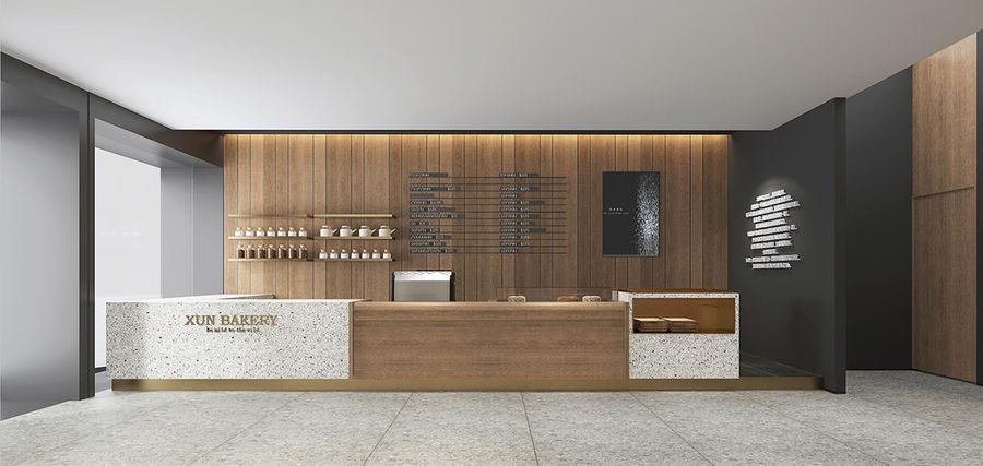 盐田沙头角面包店收银台服务区背景墙装修设计