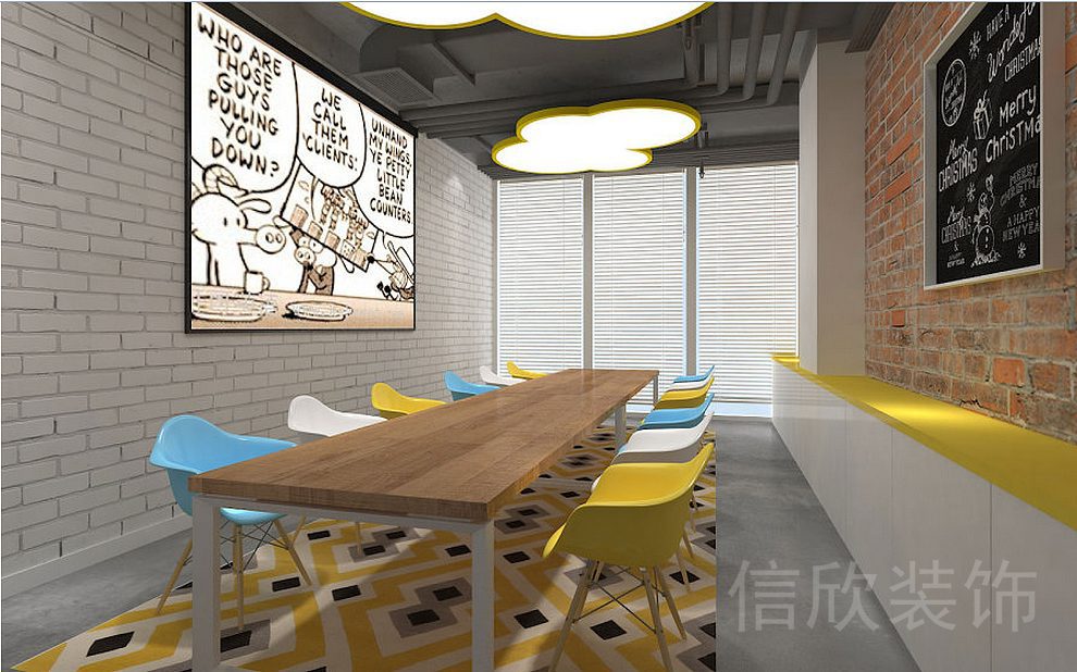 深圳市龙华区新龙大厦伯尔德国际英语沙龙中心培训机构复古英伦风黄白蓝撞色漫画趣味教室