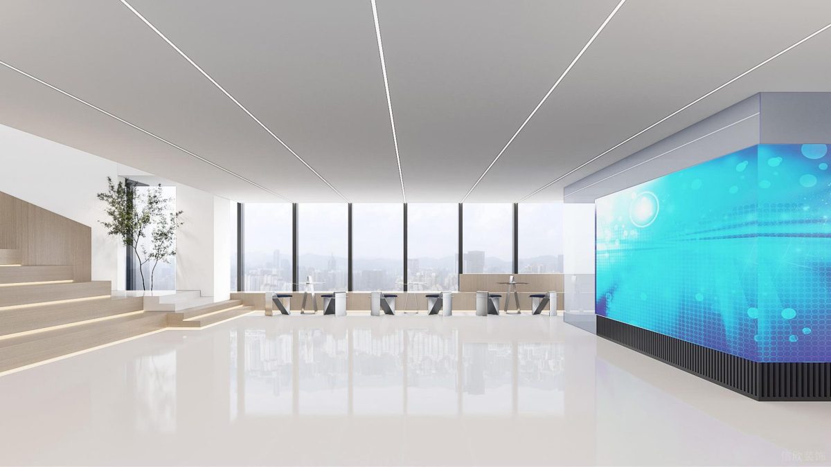 科技简约风办公室装修设计 简洁白色空间搭配科技感墙面