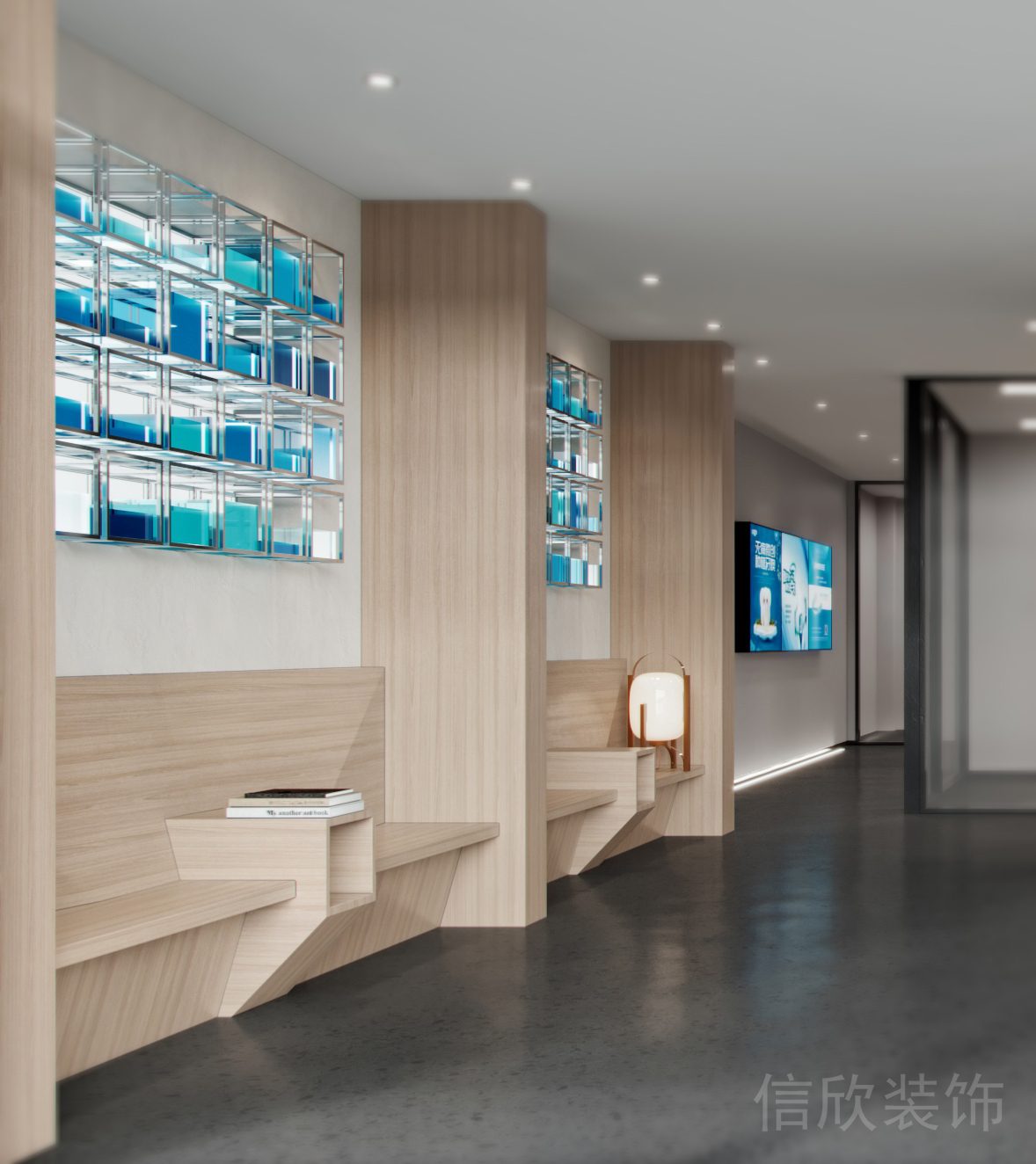 深圳南山兰光科技大厦海洋牙科口腔诊所大厅墙面蓝色装饰效果