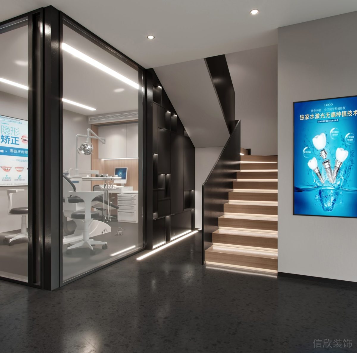 深圳南山兰光科技大厦海洋牙科口腔诊所楼梯间墙面装饰画效果