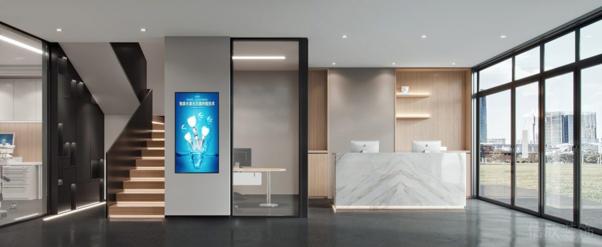 深圳南山兰光科技大厦海洋牙科口腔诊大厅白色大平顶设计效果