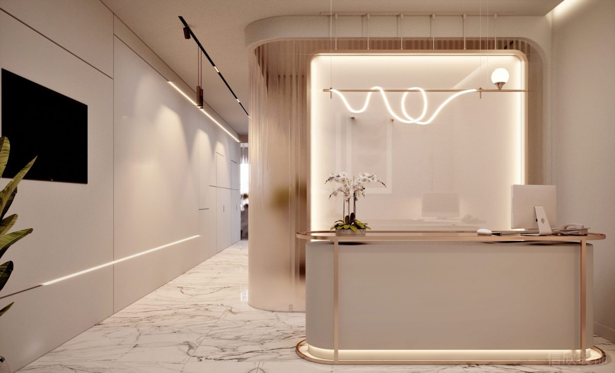 深圳南山兰光科技大厦雨田牙科口腔门诊大厅前台奶油风装修设计效果