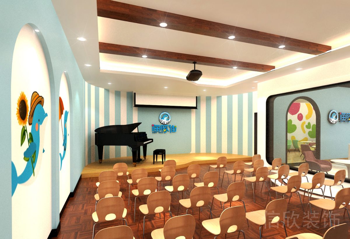 深圳市罗湖区东门海豚街国际少儿钢琴培训中心钢琴演奏小舞台蓝白条纹墙面效果图