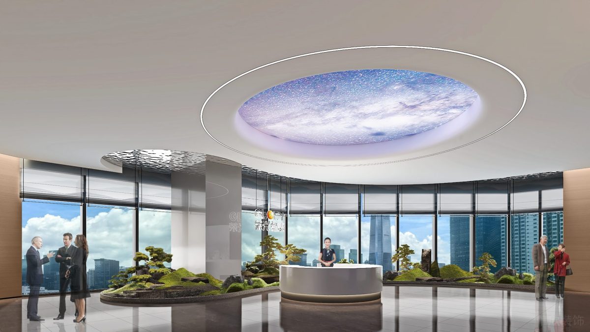 深圳市罗湖区宝能中心荣光健康会所大堂效果图弧形吊顶园林造景